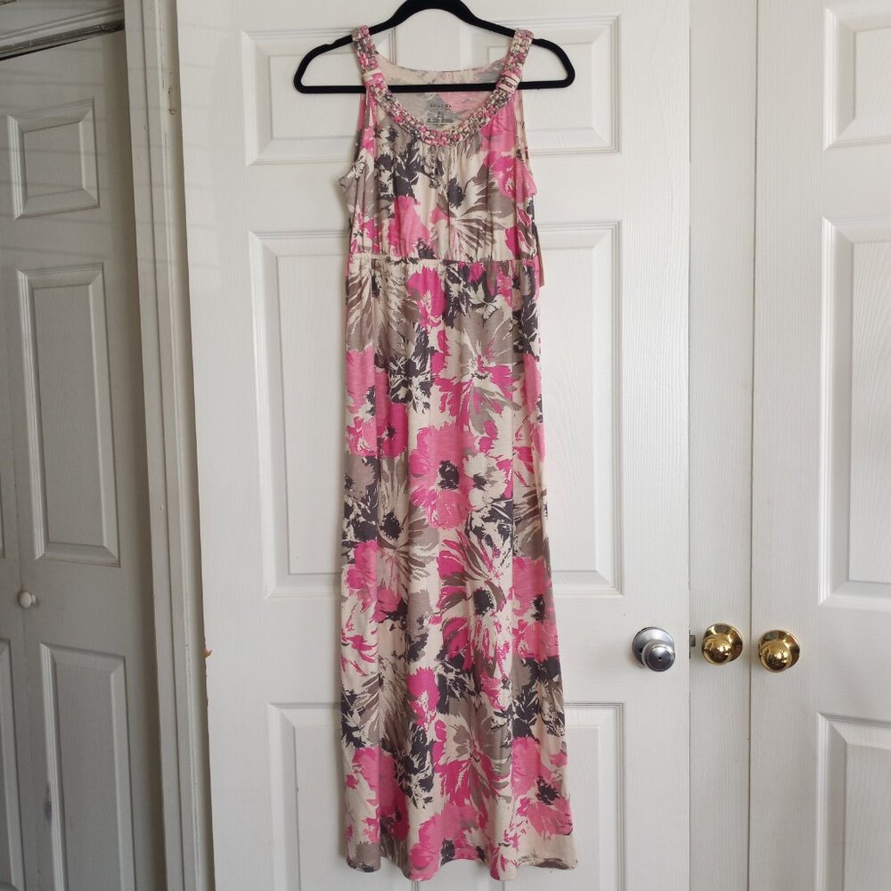 Sonoma Pink Tan Floral Braided Strap Maxi Dress